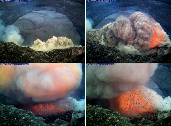A sequence of still images taken from the webcam positioned at the closed Halemaʻumaʻu overlook, spanning about six seconds. The collapse originated from a portion of the wall directly below the webcam, but just out of view. Large pieces of molten spatter can be seen flying through the air and being deposited on the crater walls below the camera. Photos taken Sunday, May 3, 2015 courtesy of USGS/HVO
