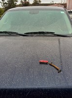 A faint dusting of volcanic ash, produced by a small rockfall-triggered explosion in the Kīlauea summit lava lake on April 25, 2015, fell on this car parked near Jaggar Museum. Light rainfall afterward caused the ash to clump. USGS photo.