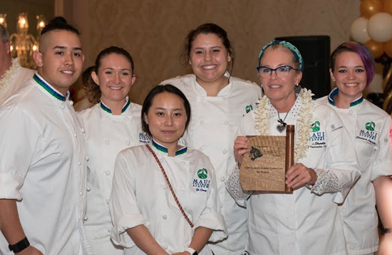 UHMaui College won the morning community college culinary competition led by Chef Instructor Teresa Shurilla (with plaque). Students from left are Devin Galloway, Noelle Bender, Yi Song, Taylor McGraw and Clarissa Logsdon. (Photo courtesy of Shiortini Photography)