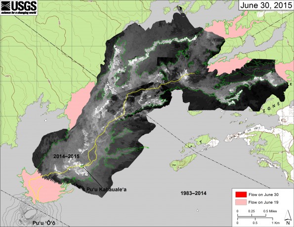 This map overlays a georeferenced thermal image mosaic onto the flow field change map to show the distribution of active and recently active breakouts. The thermal images were collected during a helicopter overflight of the flow field today (June 30). The June 27th flow is outlined in green to highlight the flow margin. The yellow line is the active lava tube. Temperature in the thermal mosaics is displayed as gray-scale values, with the brightest pixels indicating the hottest areas, including active breakouts.