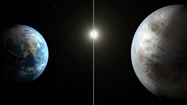 This artist's concept compares Earth (left) to the new planet, called Kepler-452b, which is about 60 percent larger in diameter. CREDIT: NASA/JPL-CALTECH/T. PYLE