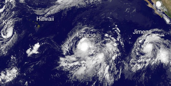 Tropical Storm Kilo, Hawaii, Hurricane Ignacio and Tropical Storm Jimena in this image taken at 11 p.m. HST Wednesday, August 26, 2015. Photo courtesy of NOAA-NASA GOES Project