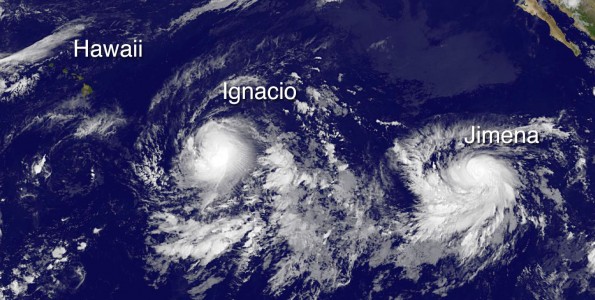 Hawaii, Hurricane Ignacio and Tropical Storm Jimena in this image taken at 11 p.m. HST Thursday, August 27, 2015. Photo courtesy of NOAA-NASA GOES Project
