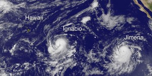 Hawaii, Hurricane Ignacio and Hurricane Jimena in this image taken at 8 a.m. HST Friay, August 28, 2015. Photo courtesy of NOAA-NASA GOES Project
