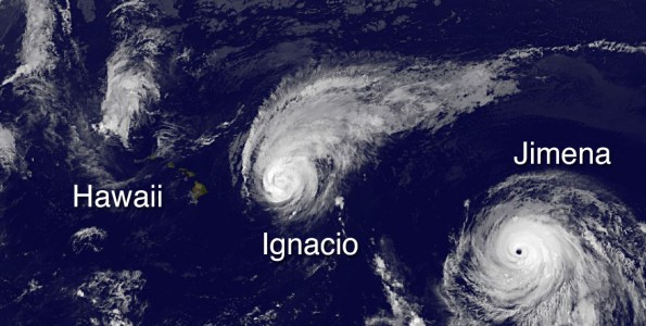 Hawaii, Hurricane Ignacio and Hurricane Jimena in this image taken at 8 p.m. HST Sunday, August 30, 2015. Photo courtesy of NOAA-NASA GOES Project