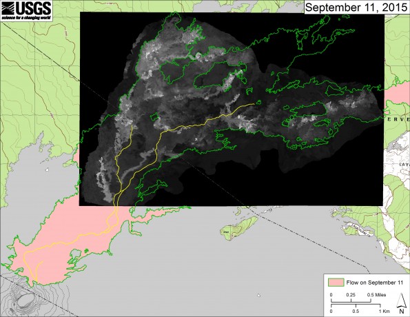 This map overlays a georeferenced thermal image mosaic onto a map of the flow field to show the distribution of active and recently active breakouts. The thermal images were collected during a helicopter overflight of the flow field on September 11. The June 27th flow is outlined in green to highlight the current flow margin. The yellow lines show the active lava tube system.