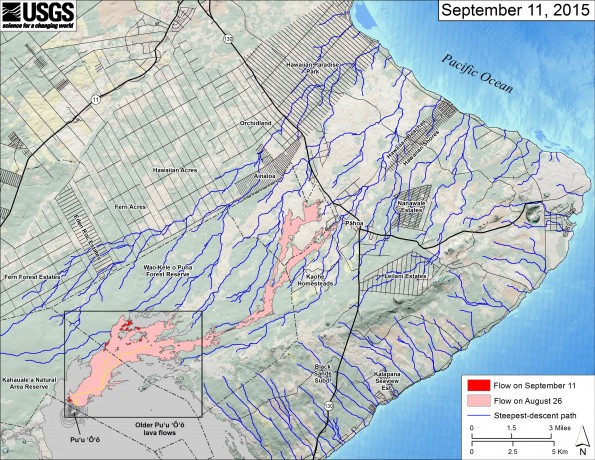 This small-scale map shows Kīlauea’s active East Rift Zone lava flow in relation to the eastern part of the Island of Hawaiʻi. The area of the flow on August 26 is shown in pink, while widening and advancement of the flow as of September 11 is shown in red. The yellow lines show the active lava tube system. The black box shows the extent of the accompanying large scale map. The blue lines show steepest-descent paths calculated from a 1983 digital elevation model (DEM; for calculation details, see http://pubs.usgs.gov/of/2007/1264/). Steepest-descent path analysis is based on the assumption that the DEM perfectly represents the earth's surface. DEMs, however, are not perfect, so the blue lines on this map can be used to infer only approximate flow paths. Puʻu ʻŌʻō lava flows erupted prior to June 27, 2014, are shown in gray. The base map is a partly transparent regional land cover map from National Oceanic and Atmospheric Administration (NOAA) Office of Coastal Management draped over the 1983 DEM. The bathymetry is also from NOAA. Because the flow field is changing very little at the moment, mapping of the lava flow is being conducted relatively infrequently. We will return to more frequent mapping if warranted by an increase in activity.