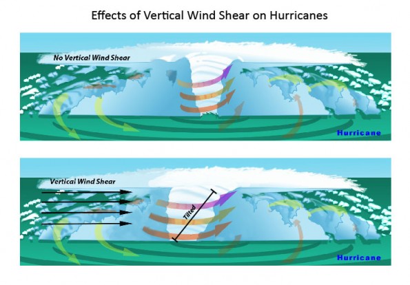 In the presence of vertical wind shear, a storm's core structure will be tilted in relationship to the wind shear. This tilting will disrupt the flow of heat and moisture which inhibits the storm from developing and becoming stronger. Graphics courtesy of NOAA