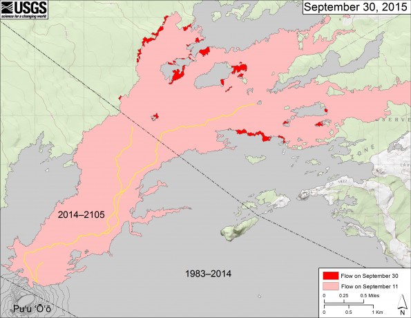 This map shows recent changes to Kīlauea’s active East Rift Zone lava flow field. The area of the flow on September 11 is shown in pink, while widening and advancement of the flow as of September 30 (based on satellite imagery) is shown in red. The yellow lines show the active lava tube system. Puʻu ʻŌʻō lava flows erupted prior to June 27, 2014, are shown in gray. The base map is a partly transparent 1:24,000-scale USGS digital topographic map draped over a 10-m digital elevation model (DEM).