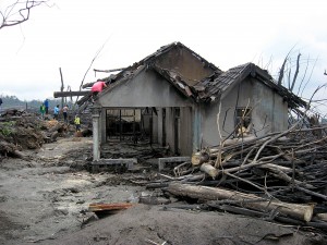 A house destroyed by the pyroclastic flows that occurred during the 2010 Eruptions of Mount Merapi. Located in Cangkringan, Sleman, Daerah Istimewa Yogyakarta, Indonesia. Photo by Crisco 1492