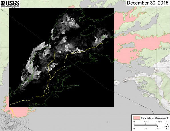 This map overlays a georeferenced thermal image mosaic onto a map of the flow field near Puʻu ʻŌʻō; to show the distribution of active and recently active breakouts. The thermal images were collected during a helicopter overflight on December 30. The June 27th flow is outlined in green to highlight the previously mapped flow margin. The yellow lines show the active lava tube system, as currently mapped. Puʻu ʻŌʻō is at lower left.
