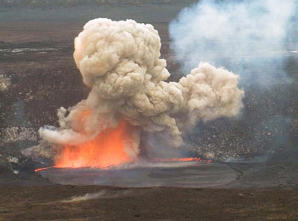 Kīlauea Volcano’s summit lava lake was just one of many topics that USGS Hawaiian Volcano Observatory scientists talked about at the recent American Geophysical Union meeting in San Francisco. HVO webcams captured this small explosion triggered by rocks falling from the Halema‘uma‘u Crater wall into the lava lake on May 3, 2015, when the lake surface was just below the vent rim. USGS image.