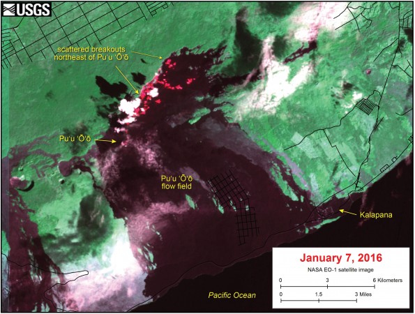 This satellite image was captured on Thursday, January 7, by the Advanced Land Imager instrument onboard NASA's Earth Observing 1 satellite. The image is provided courtesy of NASA's Jet Propulsion Laboratory. Although this is a false-color image, the color map has been chosen to mimic what the human eye would expect to see. Bright red pixels depict areas of very high temperatures and show active lava. White areas are clouds. The image shows that scattered breakouts continue to be active northeast of Puʻu ʻŌʻō, with no overall advancement in recent months. The farthest active lava was 5.6 km (3.5 miles) northeast of the vent on Puʻu ʻŌʻō.