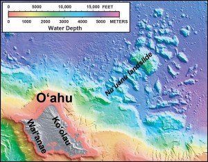 In this shaded relief and bathymetric map of O‘ahu, which comprises two volcanoes (Waiʻanae and Koʻolau), colors indicate water depth, from shallow (orange and yellow) to deep (purple), with shades of gray indicating the island area above sea level. From: U.S. Geological Survey Geologic Investigations Series <a href="http://pubs.usgs.gov/imap/2809/" target="_blank">Map I-2809</a>, “Hawaiʻi’s Volcanoes Revealed."