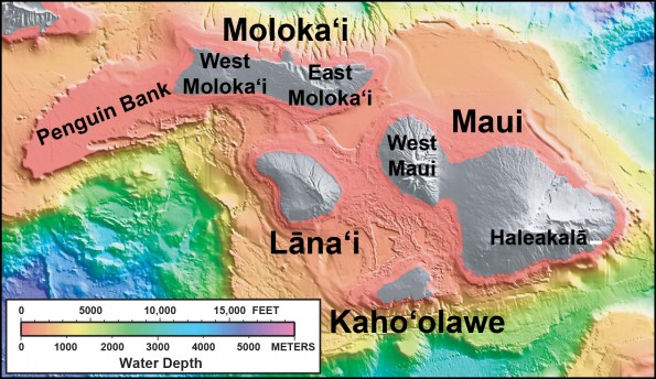 In this shaded relief and bathymetric map of Maui County, colors indicate water depth, from shallow (orange and yellow) to deep (blue and purple), with shades of gray indicating island areas above sea level. From: <a href="http://pubs.usgs.gov/imap/2809/" target="_blank">U.S. Geological Survey Geologic Investigations Series Map I-2809, “Hawaiʻi’s Volcanoes Revealed”</a>