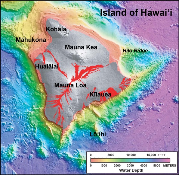 In this shaded relief and bathymetric map of the Island of Hawai‘i, colors indicate water depth, from shallow (orange and yellow) to deep (blue and purple), and shades of gray indicate the land area above sea level. From: U.S. Geological Survey Geologic Investigations Series Map I-2809, “Hawaiʻi’s Volcanoes Revealed” (available <a href="http://pubs.usgs.gov/imap/2809/" target="_blank">online </a>).