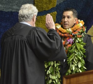 Kaialii Kahele is sworn in by Chief Justice Mark Recktenwald into the Hawaii State Senate Wednesday (Feb 17). Photo courtesy of Senate Communications