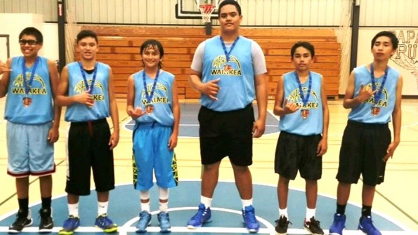 Members of the Intermediate Champion Waiākea Titans (from left)—Dominic Rodrigues, Chance Simeona, Kiai Apele, Macmillain Aloisio, Guyson Ogata, Vergil Henry.