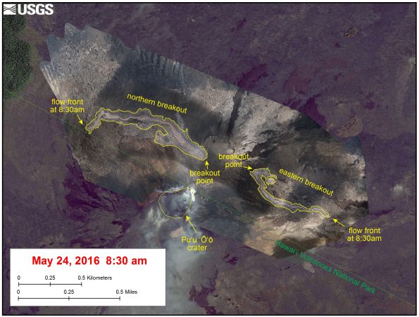 This map of two new breakouts at Puʻu ʻŌʻō, which began just before 7 a.m., HST, Tuesday (May 24), shows the extent of the lava flows based on aerial photos that were taken at 8:30 a.m. At the time, the larger flow from the northern breakout was traveling down the north flank of Puʻu ʻŌʻō, towards the northwest, and was about 1 km (0.6 miles) long, and the flow from the eastern breakout was about 700 meters (0.4 miles) long. The aerial photos used to map the flows are shown over an older satellite image. The new breakouts had not extended beyond the boundary of the Puʻu ʻŌʻō flow field at the time the photos were taken, and neither lava flow currently poses an immediate threat to nearby communities. Photo taken Tuesday, May 24, 2016 courtesy of USGS/HVO