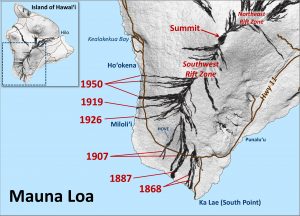 In the past 148 years, lava flows erupted from Mauna Loa’s Southwest Rift Zone have crossed Hawaiʻi Island’s main road (now Highway 11) six times. The years in which these flows were erupted are labeled in red. The location of Hawaiian Ocean View Estates (HOVE) is shown for reference. USGS map.