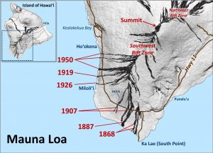 In the past 148 years, lava flows erupted from Mauna Loa’s Southwest Rift Zone have crossed Hawaiʻi Island’s main road (now Highway 11) six times. The years in which these flows were erupted are labeled in red. The location of Hawaiian Ocean View Estates (HOVE) is shown for reference. USGS map.