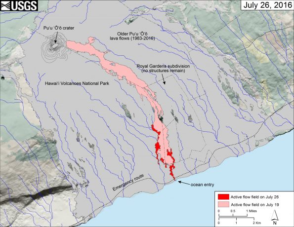 This map shows recent changes to Kīlauea’s East Rift Zone lava flow field. The area of the active flow field as of July 19 is shown in pink, while widening and advancement of the active flow as mapped on July 26 is shown in red. Lava reached the ocean on the morning of July 26. Older Puʻu ʻŌʻō lava flows (1983–2016) are shown in gray. The blue lines over the Puʻu ʻŌʻō flow field are steepest-descent paths calculated from a 2013 digital elevation model (DEM), while the blue lines on the rest of the map are steepest-descent paths calculated from a 1983 DEM (for calculation details, see http://pubs.usgs.gov/of/2007/1264/). Steepest-descent path analysis is based on the assumption that the DEM perfectly represents the earth's surface. DEMs, however, are not perfect, so the blue lines on this map can be used to infer only approximate flow paths. The base map is a partly transparent 1:24,000-scale USGS digital topographic map draped over the 1983 10-m digital elevation model (DEM).