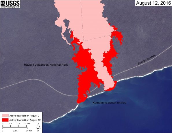 This map shows recent changes to Kīlauea’s East Rift Zone lava flow field at the coast. The area of the active flow field as of August 2 is shown in pink, while widening and advancement of the active flow as mapped on August 12 is shown in red. The base is a Digital Globe image from January 2016.