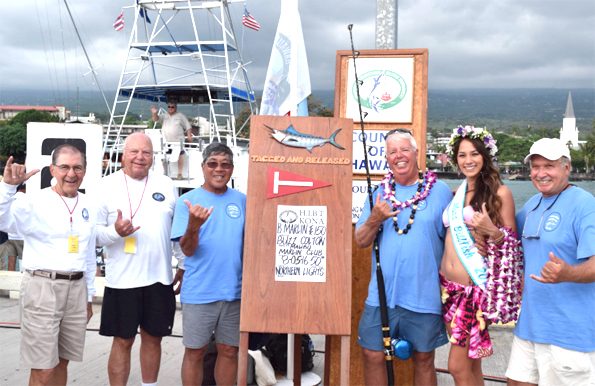 Miss Billfish Tina Fear and Malibu Marlin Club anglers including (from left) Team Captain Steve Spina, Buzz Colton and Stephen Chow. (Photo special to Hawaii 24/7)