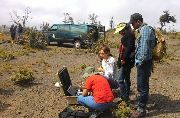 During the 2016 International Training Program on the Island of Hawaiʻi, a USGS Hawaiian Volcano Observatory scientist (center, white shirt) demonstrated how to use Global Positioning System (GPS) equipment to measure precise locations of points on Earth’s surface. Such information can be used to track unrest at volcanoes around the world and helps scientists to better forecast hazardous volcanic activity. Photo courtesy of UHH Center for the Study of Active Volcanoes.