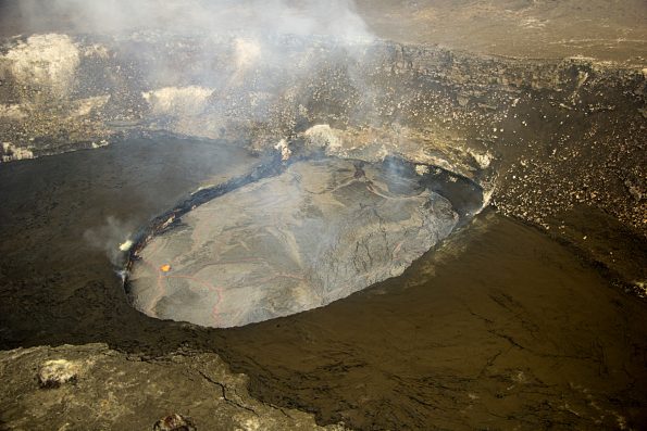 The lava lake at the summit of Kīlauea remained at a high level today, about 18 m (60 ft) from the floor of Halemaʻumaʻu Crater at the time of this photo. Photo taken Monday, September 12, 2016 courtesy of USGS/HVO
