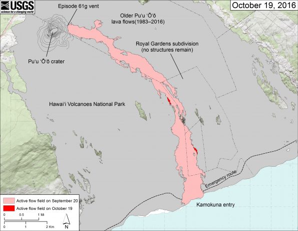 This map shows recent changes to Kīlauea’s East Rift Zone lava flow field. The area of the active flow field as of September 20 is shown in pink, while widening and advancement of the active flow as mapped on October 19 from satellite imagery is shown in red. Older Puʻu ʻŌʻō lava flows (1983–2016) are shown in gray.