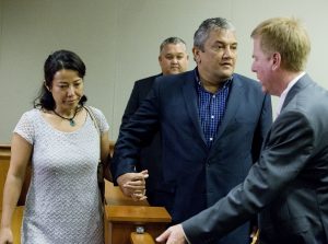 Mayor Billy Kenoi and his wife Takako leave court together after Kenoi was acquitted on all charges in his trial Tuesday (Nov 1). Photo by Hollyn Johnson/ Hawaii Tribune-Herald