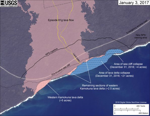 This map is based on mapping conducted on January 3, 2017. The map of the coastline at the lava flow ocean entry at Kamokuna shows the areas of the lava delta and adjacent coastline that collapsed into the ocean on December 31, 2016. The collapsed areas are shown with an 'x' pattern and a blue background and are now part of the ocean. The shape of the eastern Kamokuna lava delta was revised based on satellite imagery acquired on December 25, 2016. The remaining sections of the lava delta, including the inactive western Kamokuna delta, are shown as a stippled pattern with a pink background. The active lava tube is shown with a yellow line and is dashed where its location is uncertain. The current ocean entry point, where lava cascades into the water, is located where the lava tube intersects the sea cliff. The NPS ropeline is shown as a dashed black line. The western extent of the ropeline was not mapped and is therefore not show; the eastern extent of the ropeline was moved on January 3, and has been approximated on this map between the emergency road and the coast. The dotted black line inland from the coast marks the location of the sea cliff before the Puʻu ʻŌʻō eruption began in 1983. The background is a Digital Globe satellite image acquired January 9, 2016; the episode 61g lava flow is the partly transparent area that overlies the background image.