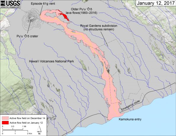 This map shows recent changes to Kīlauea’s East Rift Zone lava flow field. The area of the active flow field as of December 14 is shown in pink, while widening and advancement of the active flow as of January 12 is shown in red. Older Puʻu ʻŌʻō lava flows (1983–2016) are shown in gray. Surface flows are focused on a branch of the flow east of Puʻu ʻŌʻō that has been active since late last year. The front of that flow branch has stalled, but there are weak scattered breakouts upslope along its length. Disregard the area around the Kamokuna ocean entry, where the Kamokuna lava delta collapsed on New Year’s Eve. The lava flow polygons in these maps are layered to show additions to flow. As such, they do not show where material has been removed, such as by lava delta collapse. The blue lines over the Puʻu ʻŌʻō flow field are steepest-descent paths calculated from a 2013 digital elevation model (DEM), while the blue lines on the rest of the map are steepest-descent paths calculated from a 1983 DEM (for calculation details, see http://pubs.usgs.gov/of/2007/1264/). Steepest-descent path analysis is based on the assumption that the DEM perfectly represents the earth's surface. DEMs, however, are not perfect, so the blue lines on this map can be used to infer only approximate flow paths. The base map is a partly transparent 1:24,000-scale USGS digital topographic map draped over the 1983 10-m digital elevation model (DEM).