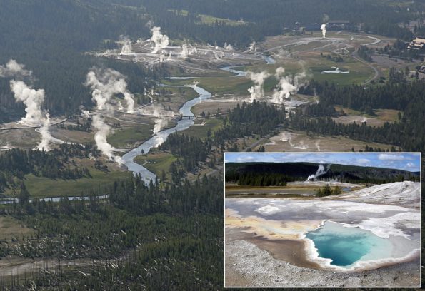 Yellowstone National Park is the site of Earth's largest concentration of geysers, as well as steam vents, hot springs, and mudpots. These hydrothermal features attest to the region’s volcanic history, which spans over two million years and is the reason that the Yellowstone Volcano Observatory was established. Old Faithful is visible in the upper right corner of this aerial view of the Park’s Upper Geyser Basin. INSET: Heart Spring, also in Upper Geyser Basin, is a pool of near-boiling, blue water about 10 feet across and 15 feet deep surrounded by mats of white sinter and orange-brown algae. National Park Service photos.