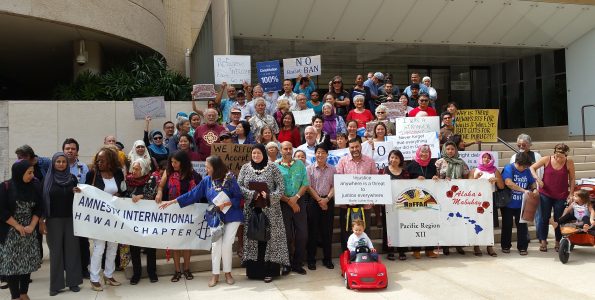 A Hawaii coalition on the steps of the Federal Building in Honolulu Wednesday (Feb 1) opposing the executive orders on immigration. Photo courtesy of ACLU Hawaii