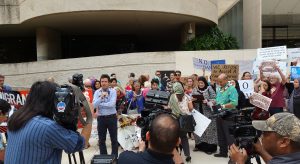 A Hawaii coalition on the steps of the Federal Building in Honolulu Wednesday (Feb 1) opposing the executive orders on immigration. Photo courtesy of ACLU Hawaii