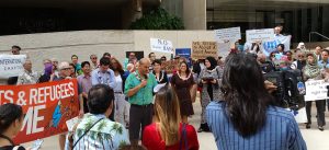 A Hawaii coalition on the steps of the Federal Building in Honolulu Wednesday (Feb 1) opposing the executive orders on immigration. Photo courtesy of ACLU Hawaii
