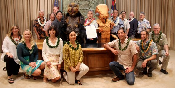 Front row (left to right): Sandy Webb, Oahu MVP 2017, Serina Marchi of Kauai Seascapes Nursery, Business Leader 2017, Carolyn Dillon, Hawaii County MVP 2017, Rosalyn Concepion for the Pacific American Foundation, Community Hero 2017, Kawika Winter, Kauai MVP 2017, Solomon Champion, Greatest Hit 2017, Dave DeLeon for Haiku Hill Community, Maui MVP 2017 Back row (left to right):, Senator Mike Gabbard, Leo Asuncion, DBEDT, Kenneth Grace, UH CTAHR, David Rodriguez, HIDOT, Coconut Rhinoceros Beetle, Governor David Ige, Little Fire Ant, Senator J Kalani English, Suzanne Case, DLNR, Representative James Tokioka, Representative Richard Creagan, Keith Kawaoka, DOH