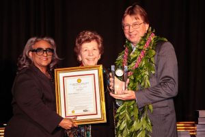 Karen Labat (Social Investment Manager at Shell Oil Company) and Mary Gronko (NSTA President) present Joel Truesdell with the 2017 Shell Science Teaching Award at the NSTA Teacher Awards Gala on Mar. 31, 2017.