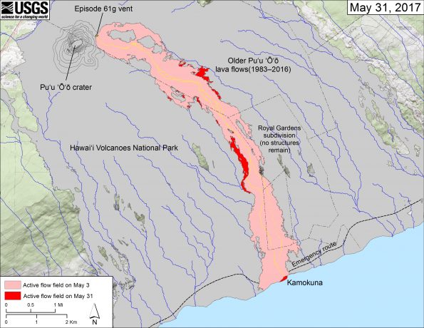 This map shows recent changes to Kīlauea's East Rift Zone lava flow field. The area of the active flow field as of May 3 is shown in pink, while widening and advancement of the active flow as of May 31 is shown in red. Older Pu‘u ‘Ō‘ō lava flows (1983–2016) are shown in gray. The yellow line is the trace of the active lava tube (dashed where uncertain). The blue lines over the Pu‘u ‘Ō‘ō flow field are steepest-descent paths calculated from a 2013 digital elevation model (DEM), while the blue lines on the rest of the map are steepest-descent paths calculated from a 1983 DEM (for calculation details, see http://pubs.usgs.gov/of/2007/1264/). Steepest-descent path analysis is based on the assumption that the DEM perfectly represents the earth's surface. DEMs, however, are not perfect, so the blue lines on this map can be used to infer only approximate flow paths. The base map is a partly transparent 1:24,000-scale USGS digital topographic map draped over the 1983 10-m digital elevation model (DEM).