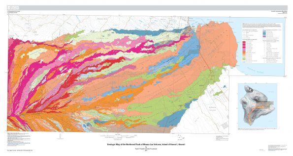 “Geologic map of the northeast flank of Mauna Loa volcano, Island of Hawaiʻi,” published by the U.S. Geological Survey in May 2017, shows the distribution of lava flows and other deposits covering an area from Pu‘u‘ula‘ula (“Red Hill”) on the southwest to Hilo on the northeast. Ages of the geologic units are indicated by color: reds and oranges are younger, blues and purples are older. The largest salmon-colored lava flow on the map is the Pana‘ewa flow, which erupted from Mauna Loa about 1,470 years ago. This USGS map is freely available at https://doi.org/10.3133/sim2932A.