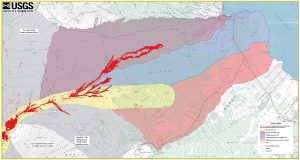Close up of Sheet 2 of “Lava inundation zone maps for Mauna Loa, Island of Hawaiʻi,” recently published by the U.S. Geological Survey. Colors depict lava Inundation zones for the Kaumana, Waiākea, and Volcano-Mountain View regions on Mauna Loa. Yellow indicates the volcano’s Northeast Rift Zone, one area along which lava could erupt. The extent of the 1984 eruption and lava flow has been superimposed on the map (shown in red). Had the Mauna Loa inundation maps been available in 1984, they could have been used to determine that the northern portion of Hilo was the most likely area to be impacted by the main lava flow. USGS map.