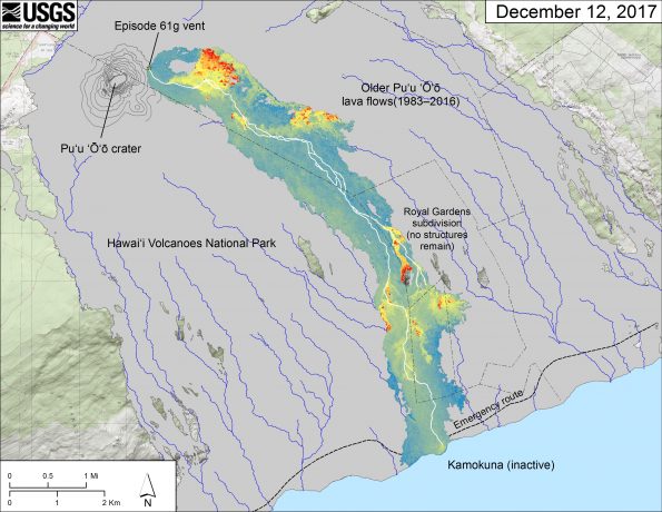 Thermal map of the 61g lava flow, created on December 12, 2017. The thermal map is limited to the current flow (episode 61g flow), which runs along the center of the map. The blue and green colors correspond to lower surface temperatures, areas of cooled, inactive lava. The orange and red colors show areas of hot, active breakouts on the flow surface on December 12. The lava-tube network is shown by white lines, mapped from a sequence of thermal images made over the past year. Steepest-descent paths, shown as blue lines and calculated from a 2013 digital elevation model of the flow field, represent possible flow paths based on topography.