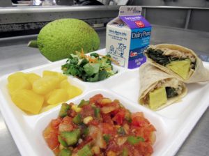 Locally grown breadfruit ('ulu) will be served in a tortilla with kalua pork and spinach in school cafeterias statewide. Photo courtesy HDOE