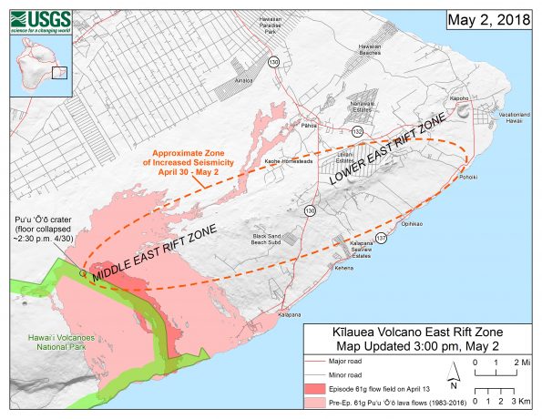 Starting on the afternoon of Monday, April 30, 2018, magma beneath Pu‘u ‘Ō‘ō drained and triggered the collapse of the crater floor. Within hours, earthquakes began migrating east of Pu‘u ‘Ō‘ō, signaling an intrusion of magma along the middle and lower East Rift Zone. As of about noon on Wednesday, May 2, these earthquakes continue along the lower East Rift Zone, with many reports of earthquakes felt by residents in nearby subdivisions. The orange dashed line marks the approximate area within which most of the earthquakes are located based on automatic earthquake locations and analysis by seismologists. All earthquake locations are preliminary. For more details on the hazards associated with this ongoing event, see this link: https://volcanoes.usgs.gov/volcanoes/kilauea/status.html