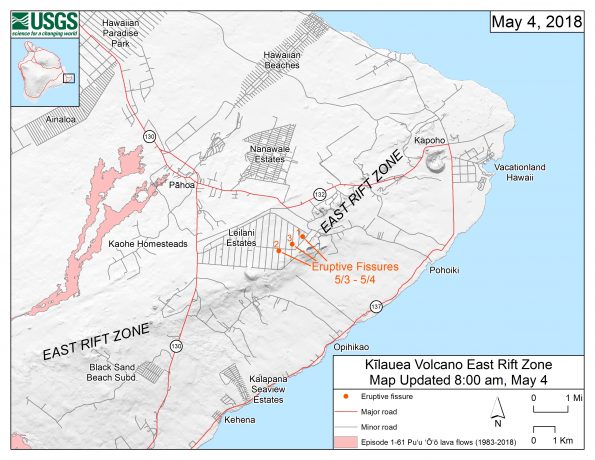 This map shows the locations, mapped by USGS-HVO scientists, of the three eruptive fissures in the order that they occurred in the Leilani Estates Subdivision as of 8:00 a.m. HST today (May 4). The fissures are jetting copious amounts of sulfur dioxide gas, which should be avoided. Spatter is also being emitted, but lava flows are not extending far from the active fissures. The eruption remains dynamic, which means that changes could occur with little notice. Updated maps will be posted on this webpage as new information becomes available. Eruption updates are posted on HVO's website at https://volcanoes.usgs.gov/volcanoes/kilauea/status.html -- or you can sign up to receive automatic update messages through the USGS Volcano Notification Service at http://volcanoes.usgs.gov/vns/. USGS-HVO scientists continue to closely monitor the volcanic activity on Kīlauea Volcano's lower East Rift Zone.