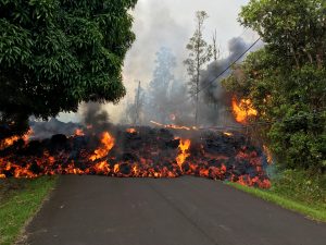 A lava flow moves on Makamae Street in Leilani Estates at 09:32 am HST on May 6. Photo taken Sunday, May 6, 2018 courtesy of U.S. Geological Survey