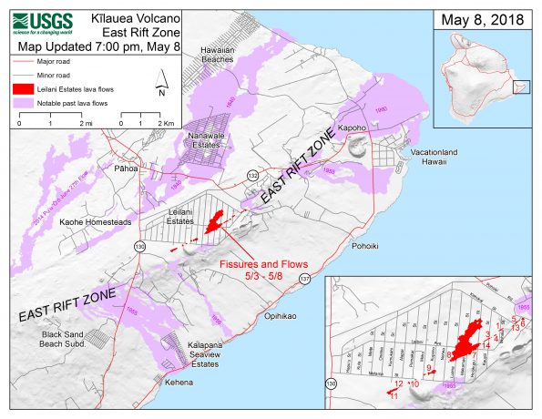 This map shows the locations of fissures and an ‘a‘ā flow erupted since May 3 in the order that they occurred in Leilani Estates as of 7:00 p.m. HST, May 8. The purple areas are lava flows erupted in 1840, 1955, 1960, and 2014-2015.