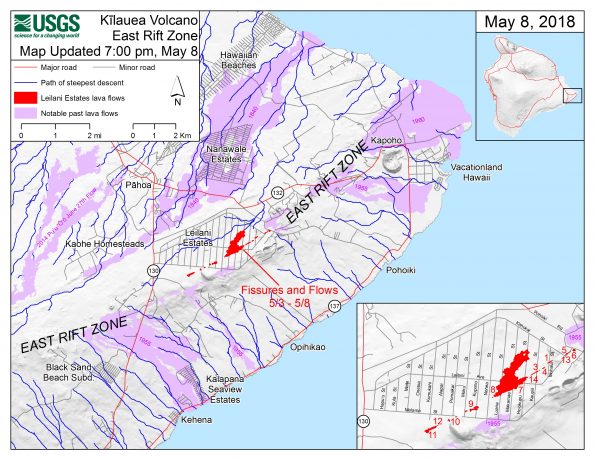 This map shows the locations of fissures and an ‘a‘ā flow erupted since May 3 in the order that they occurred in Leilani Estates as of 7:00 p.m. HST, May 8. The purple areas are lava flows erupted in 1840, 1955, 1960, and 2014-2015. The blue lines are paths of steepest descent that identify likely paths of a lava flow, if and when lava moves downhill from an erupting vent. The paths of steepest-descent were calculated from a 1983 digital elevation model (DEM) of the Island of Hawai'i, created from digitized contours. Steepest-descent path analysis is based on the assumption that the DEM perfectly represents the earth's surface. DEMs, however, are not perfect, so the blue lines on this map can be used to infer only approximate lava-flow paths. The base shaded-relief map was made from the 1983 10-m (DEM). For additional explanation of steepest descent paths, see http://pubs.usgs.gov/of/2007/1264. For calculation details, ESRI shapefiles, and KMZ versions of steepest descent paths, see https://www.sciencebase.gov/catalog/item/57fd072ee4b0824b2d130eb5.